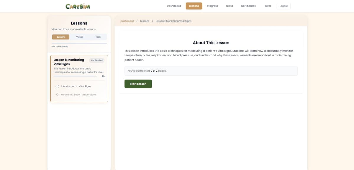 CARESIM – Web-based Learning Management System for Caregiving Education screenshot 1